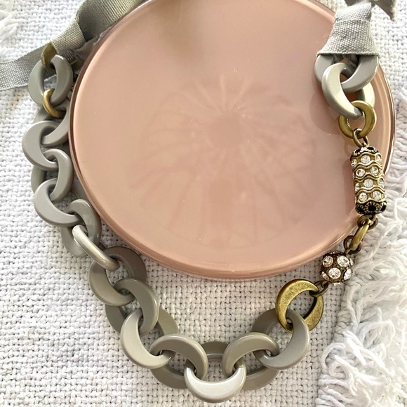 J. Crew Ribbon Necklace with Gray Links and Bronze-Tone Rhinestones Classic Mod